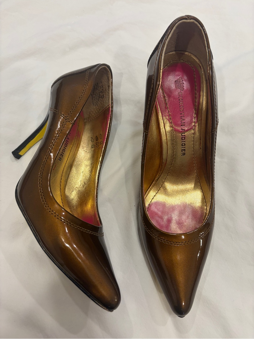 Christian Audigier Metallic Bronze Pointed-Toe Pumps 7 women’s leather